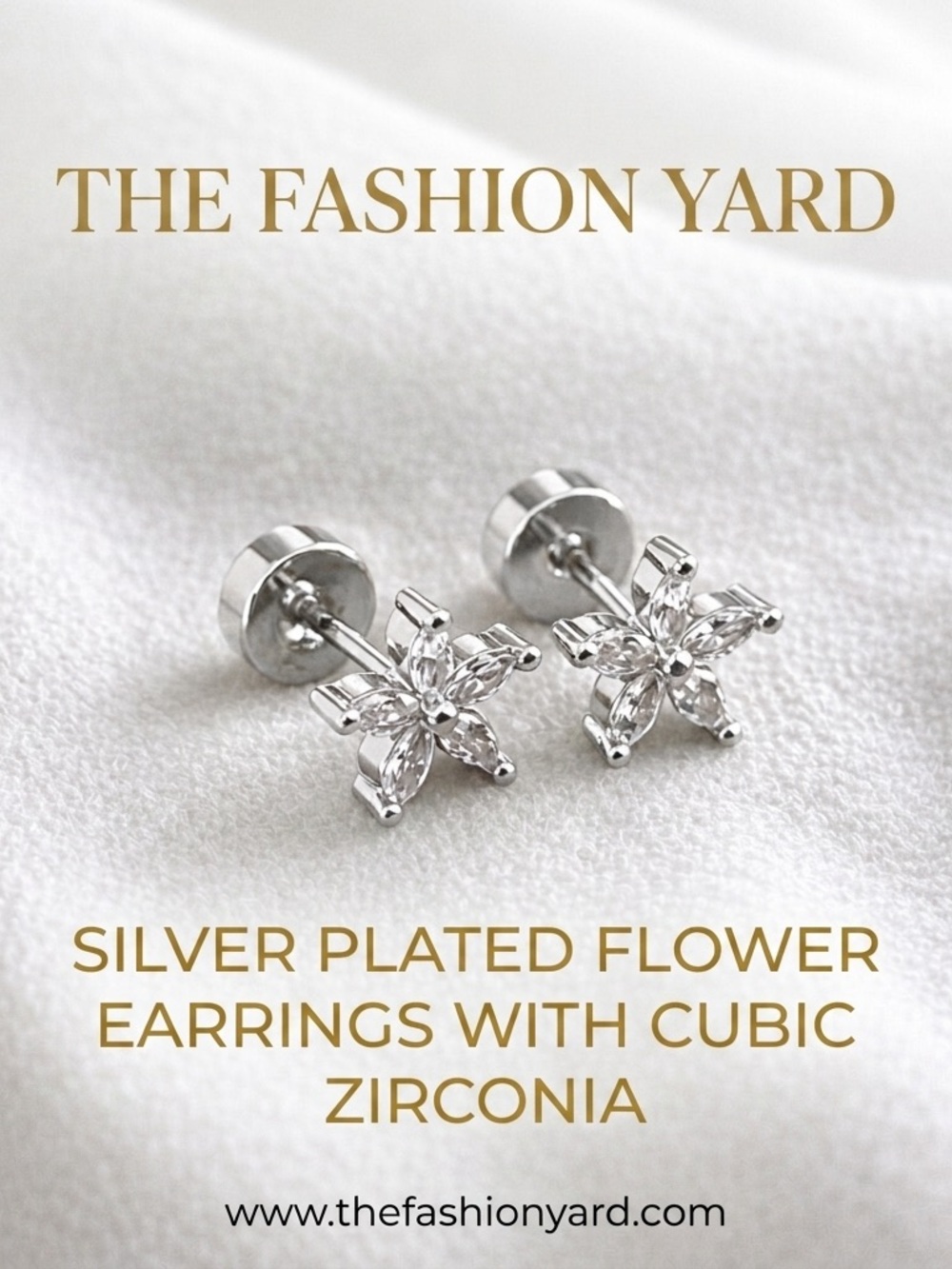 Silver plated stainless steel cubic zirconia flower screw back stud earrings